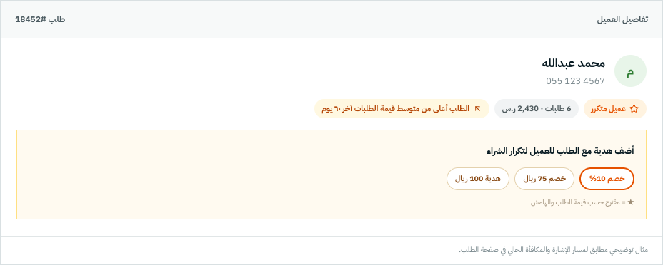 مثال توضيحي لصفحة طلب تعرض عميلًا متكررًا، وطلبًا أعلى من متوسط آخر ستين يومًا، وخيارات مكافأة للطلب القادم